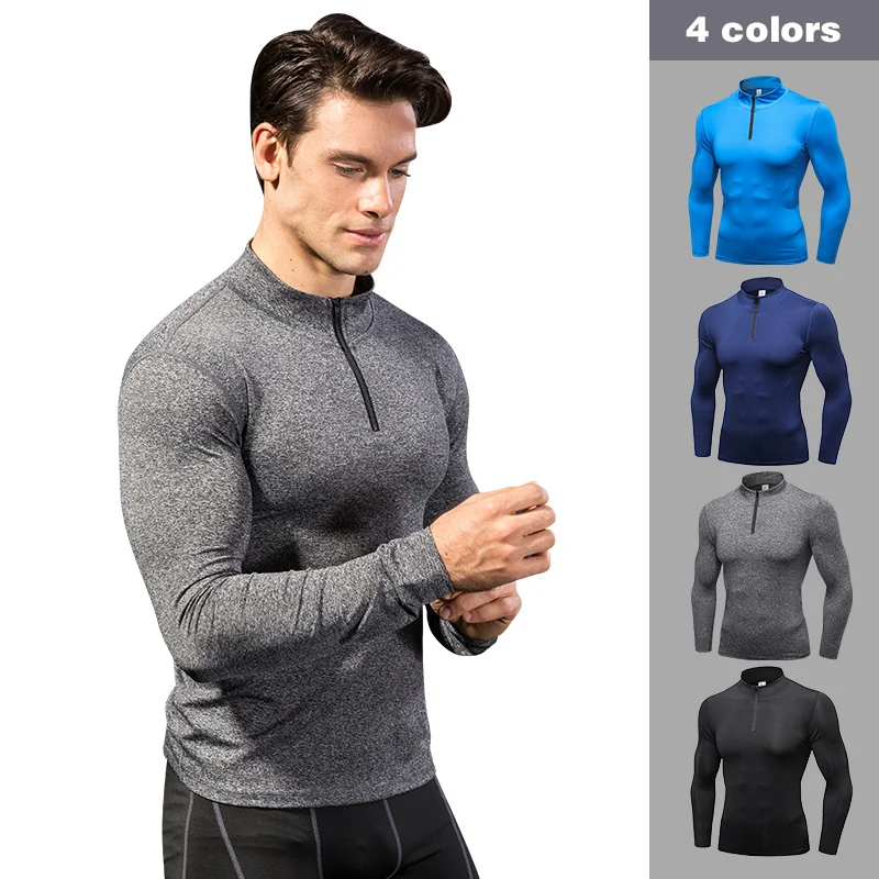 2021 Beh Running Pánske mužské s dlhým rukávom Fitness Slim Top Men's Compression Dry Half Zipper Fitness Fitness Tričko s rýchlym sušením