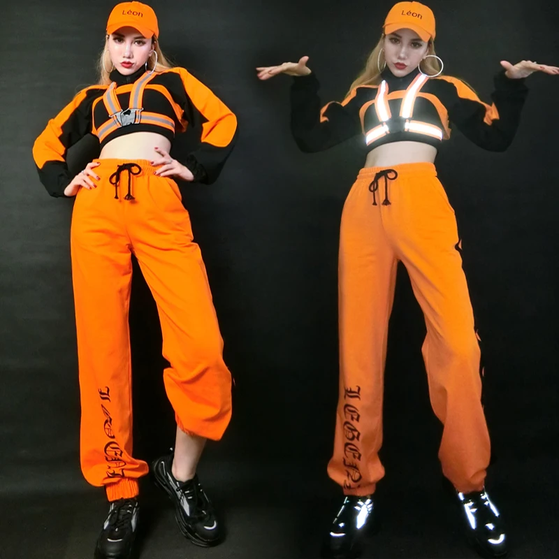 2021 Hip hop tanečné kostýmy pre dospelých oranžový hiphop obleky Reflexná páska Ženy Gogo Dance DJ DS kostýmy Rave Clothes SL4329