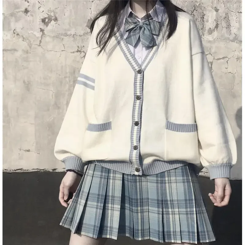 2021 Japanský školský sveter jar jeseň 100% V-krk Bavlnený pletený sveter jk uniformy Cardigan Multicolor Student Girls Cosplay