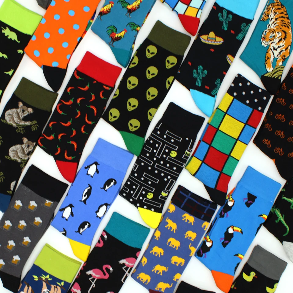 2021 New Hiphop Cotton Men ponožky Harajuku Happy Funny Animal Flamingo Penguin chili šaty ponožky pre mužský svadobný vianočný darček