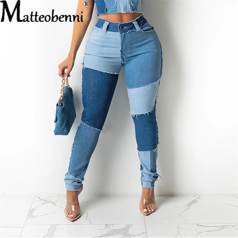 2021 Nové dámske patchwork Slim Fit Denim Pencil Panty Stretch Color Block Fringed Tress Butt-Lift Skinny High Apar Dáty nohavice