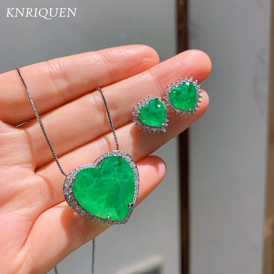 2021 Nový trend srdce vytvorilo smaragd gemstone laboratórium diamant prívesok Náhrdelník Svadobná strana šperky set pre ženy výročie darček