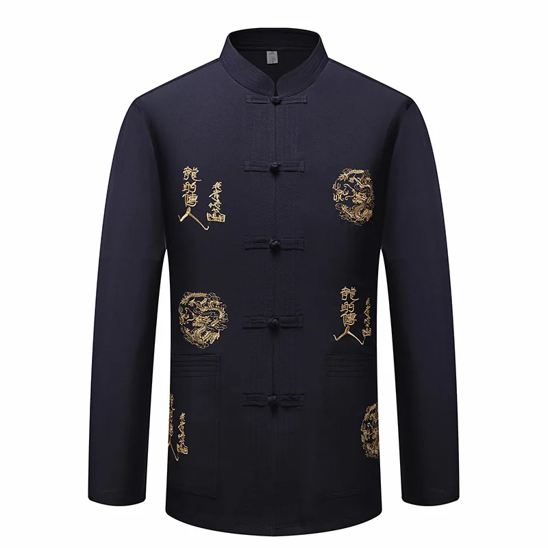 2021 Tradičné čínske oblečenie pre mužov s dlhými rukávmi Dragon tričko Hanfu Chinese Tang Suit Men Kung Fu Top Ballroom Tops SL2988