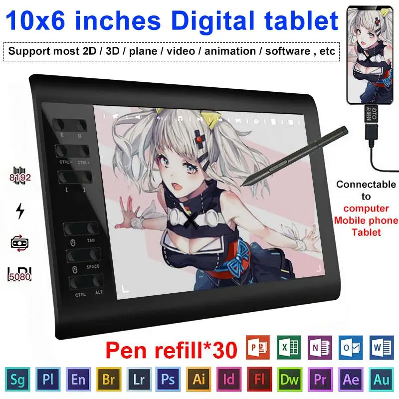 2022. 10*6 '' Grafická tableta 8192 Úrovne Grafické kreslenie Tablet Digitálna tableta 233 Point Rýchle čítanie podpis podpis kreslenie pera