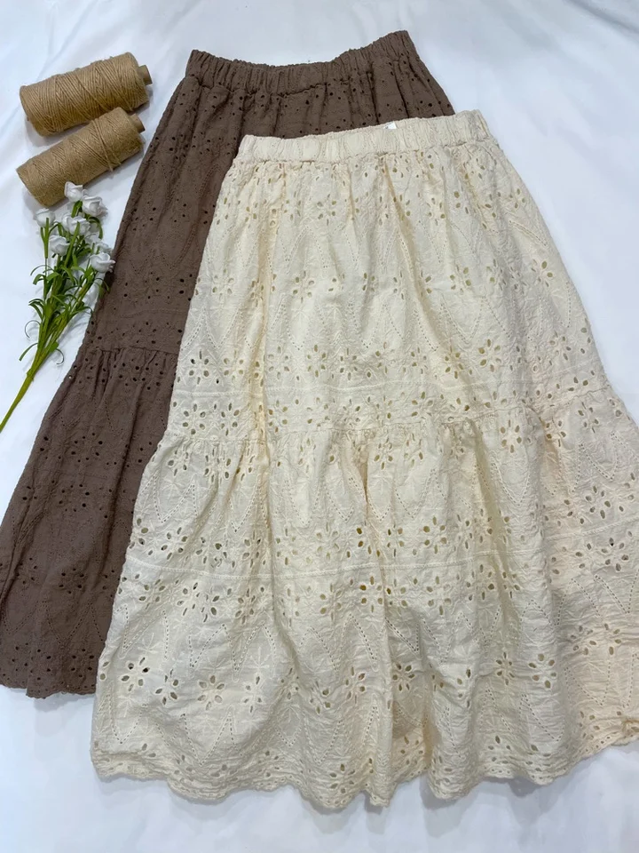2022 Japonsko štýl Mori Girl Hollow out out outdery Solid Color sukňa s dvoma podšívkou bavlna stredná dĺžka A-line sukňa jar