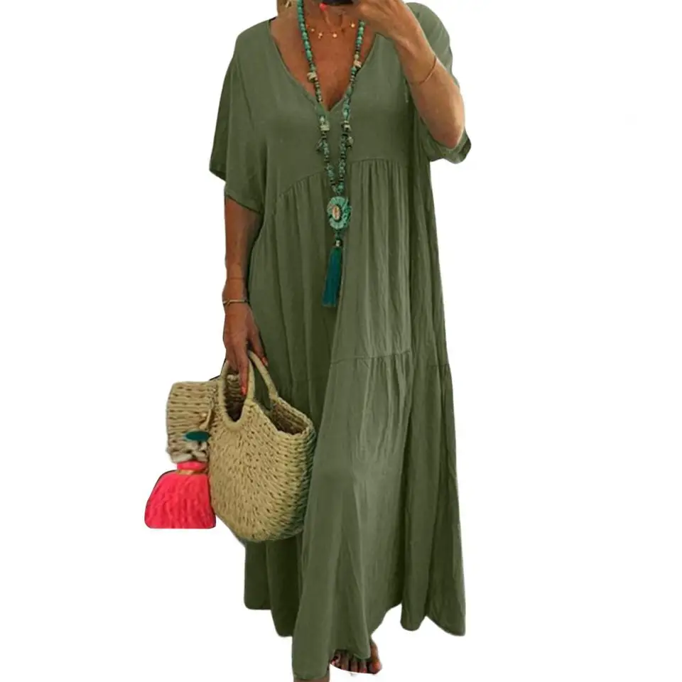 2022 letné ženy v krk s krátkym rukávom s krátkym rukávom Kaftan Sundress rúcho femme české dovolenky dlhé šaty ležérne voľné pláž Vestidos