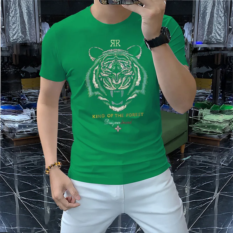 2022 leto nové horúce diamantové pánske tričká Tiger Head vzor dizajn ťažké remeslo tenký okrúhly krk štíhle Tees m-4xl