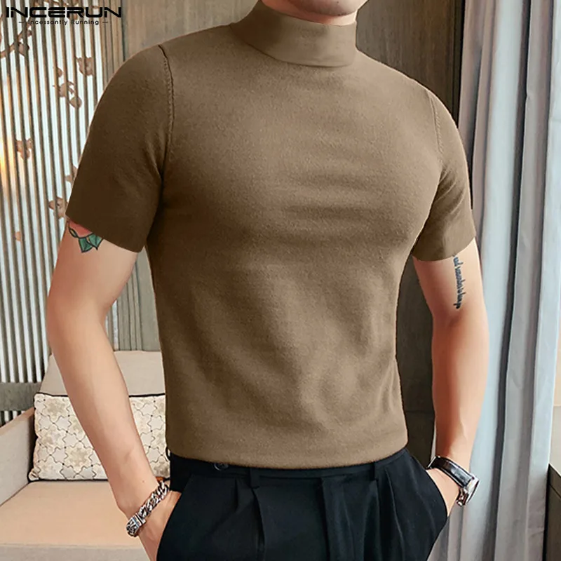2022 Men T košeľa Spevná farba Turtleneck krátke rukávy Streetwear Camiseta Masculina Fitness Štýlový štýlový neformálny tričko S-5XL Incerun