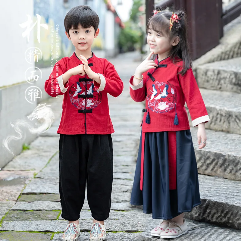 2022 novoročný chlapec Girl Tang Suit Tradičný čínsky Hanfu pre deti bavlnená kožušina 2ks sukňa Top Pant Spring Festival kostýmy