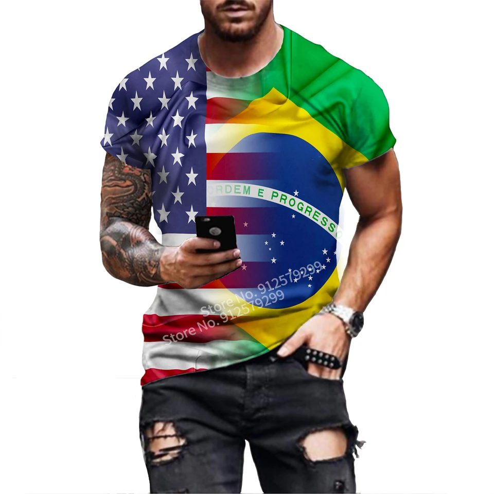 2022 Nová móda American/Brazília Vlajka 3D tričko Muži/ženy Cast Round Crick Krátke rukávy Športové tričko