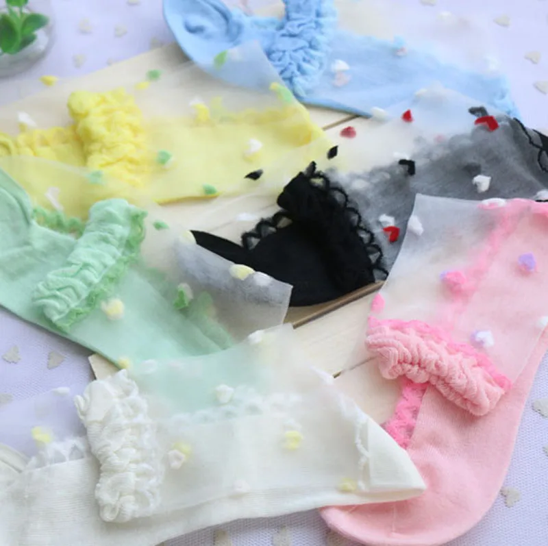 2022 Nová žena 5 párov/veľa dámy Úplne nové ultra tenké priehľadné viacfarebné krištáľové ponožky Dievčatá Sweet Love Heart Silk Meisa