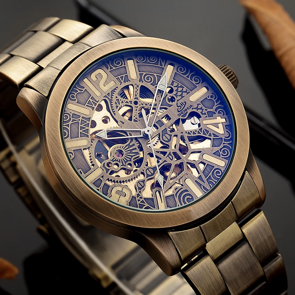 2022 Nové duté vyrezávané pánske retro bronzové automatické hodinky Skeleton Brand Luxury Relogio z nehrdzavejúcej ocele Mechanické náramky