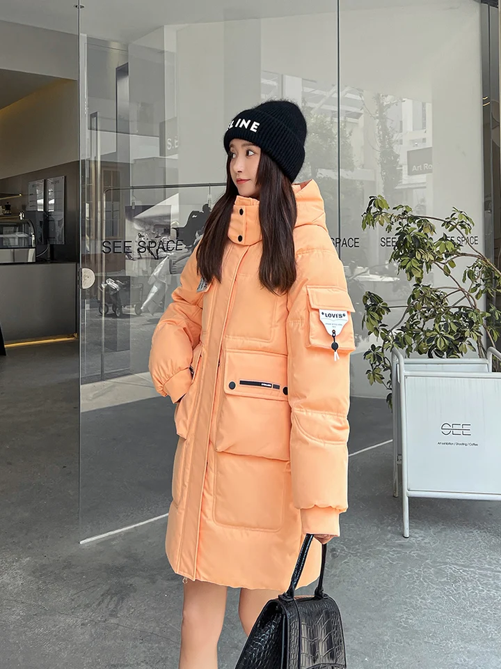 2022 Nové dámske parka zimné bunda s kapucňou dlhé husté teplé bavlnené bundy Parky Žena oblečenie Candy Color Winter Coat
