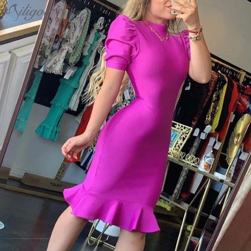 2022 Nové letné ženy obväzy Party šaty Sexy o krk Puff Ruckve Ruffled Hem Club Celebrity Bodycon Evening Party Mini šaty