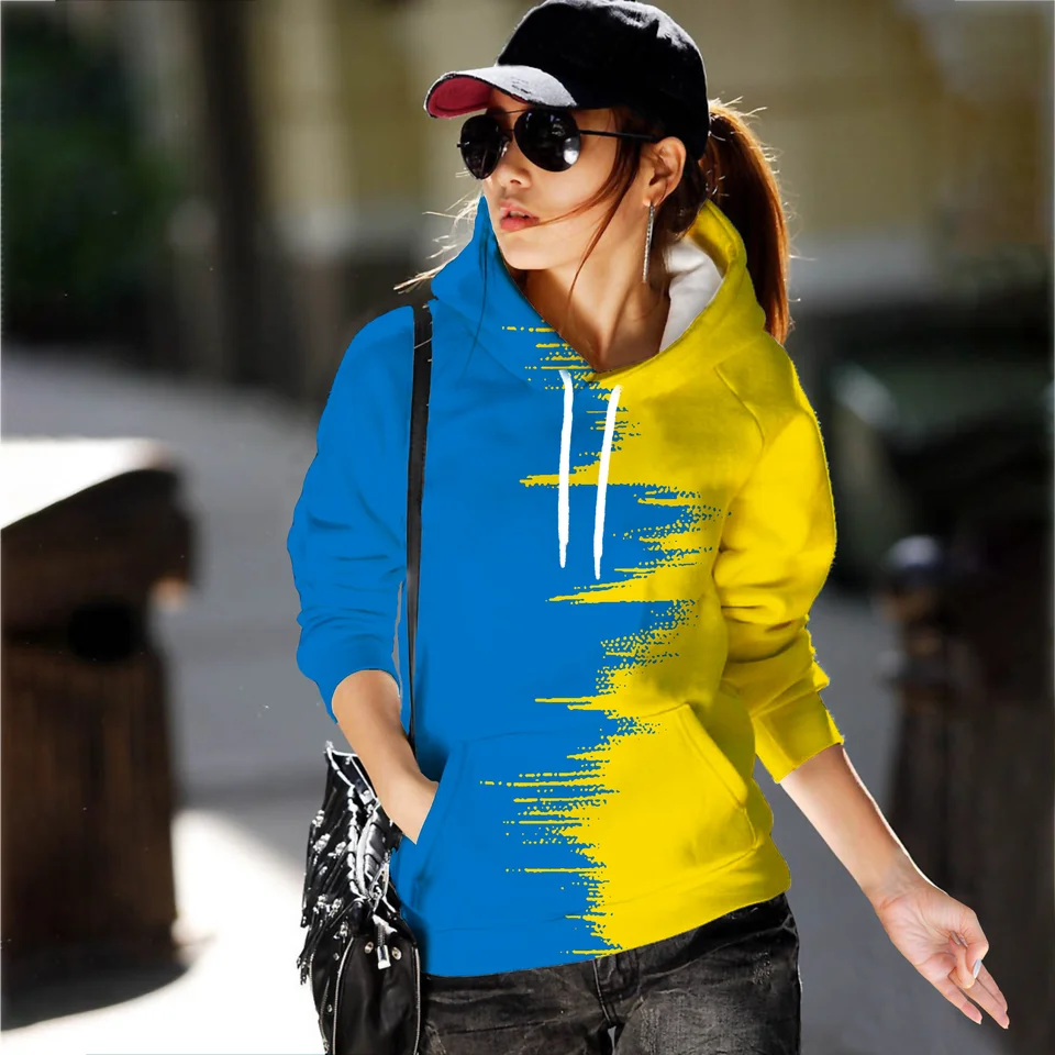 2022 NOVÉ Nové kapucne Modrá žltá ukrajinná vlajka Ženy Pulovers Hip Hop Hooded Loose Hoodie Dámske mikiny ženské vrcholy