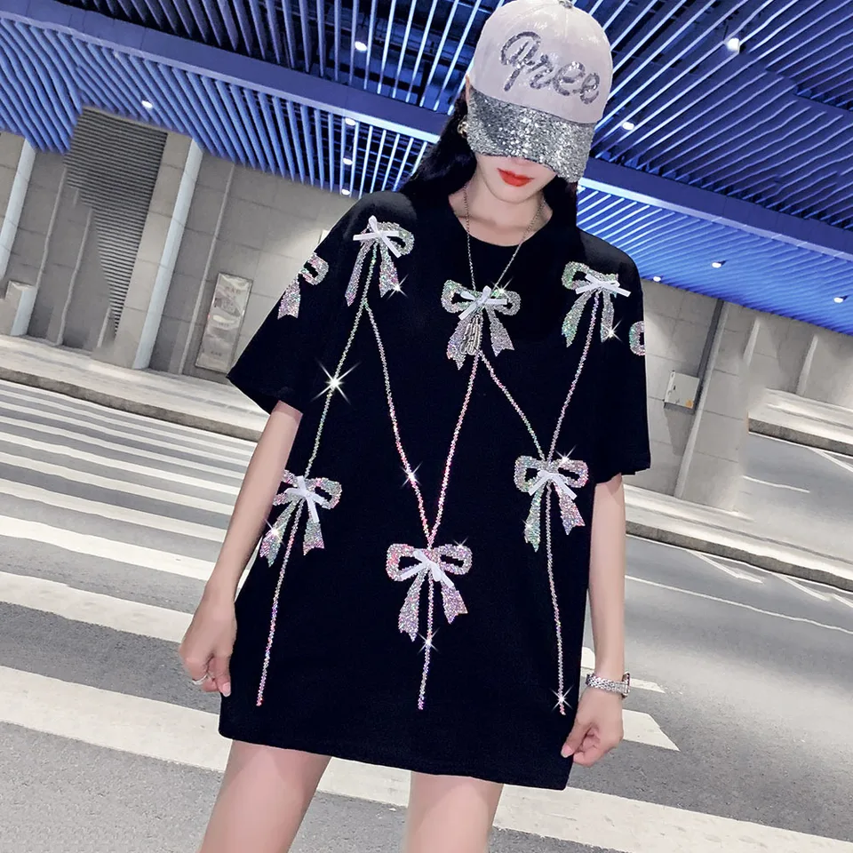 2022 Summer Fashion Streetwear Rinestone Bow T-Shirt Women Casy Loose Tees Lady Tops S-4XL 40-150 kg