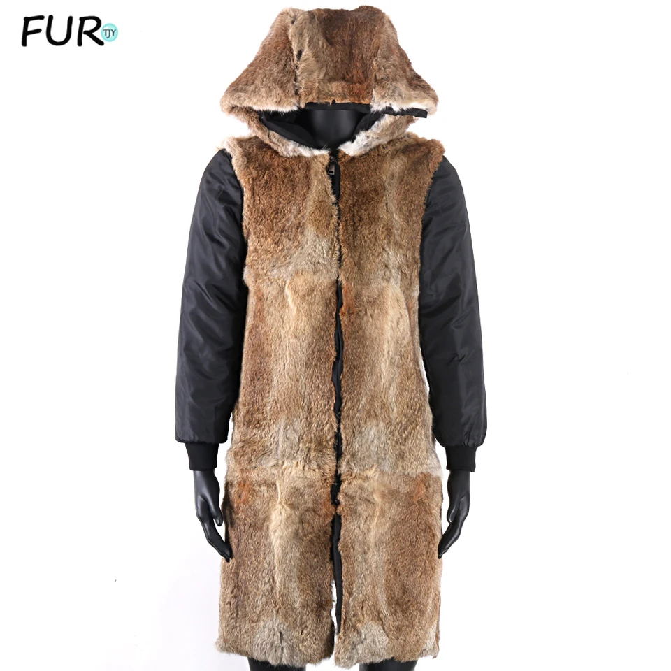 2022 Zimná bunda muži Real Králiky s kožušinami Coat Men Parka Men Prírodná kožušinová bunda teplý X-dlhý kabát