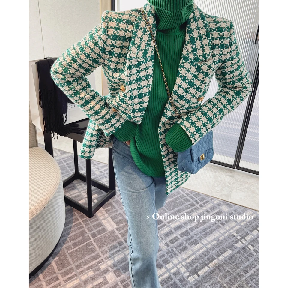 2022 Zimné zelené kockované dámske priekopy Coats Heavy Woolen Tweed Jackets Nové kórejské módne oblečenie Y2K Urban Chic Overcoat