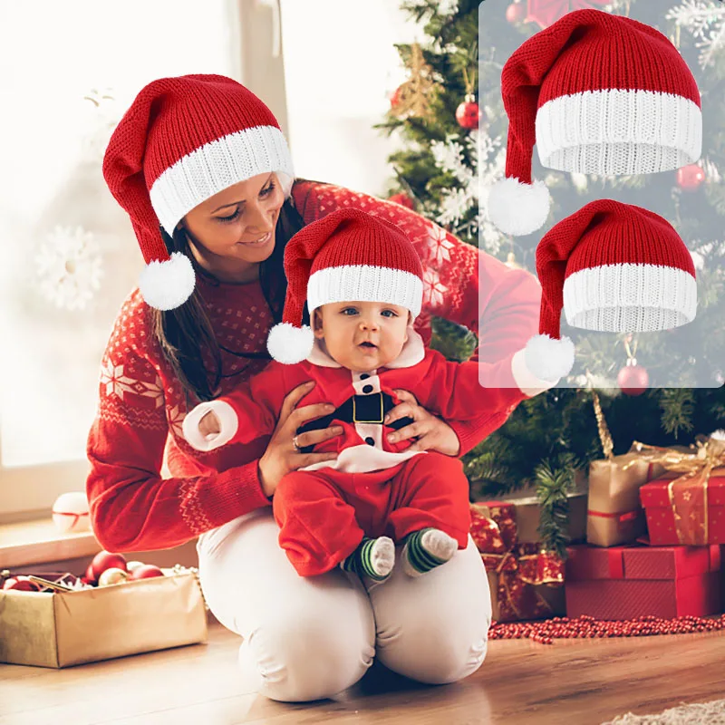 2022 Červený pletený vianočný klobúk roztomilý pompom Santa Claus Cap Warm Crochet Beanie Hat pre mamu dieťa vianočné novoročné párty darček Navidad