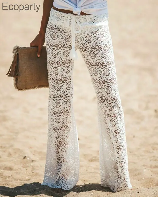 2022 Ženy Crochet Beach Wide Leg Pants Presvediace sa cez bikiny plavky zakrývajú dáma sexy duté dlhé nohavice