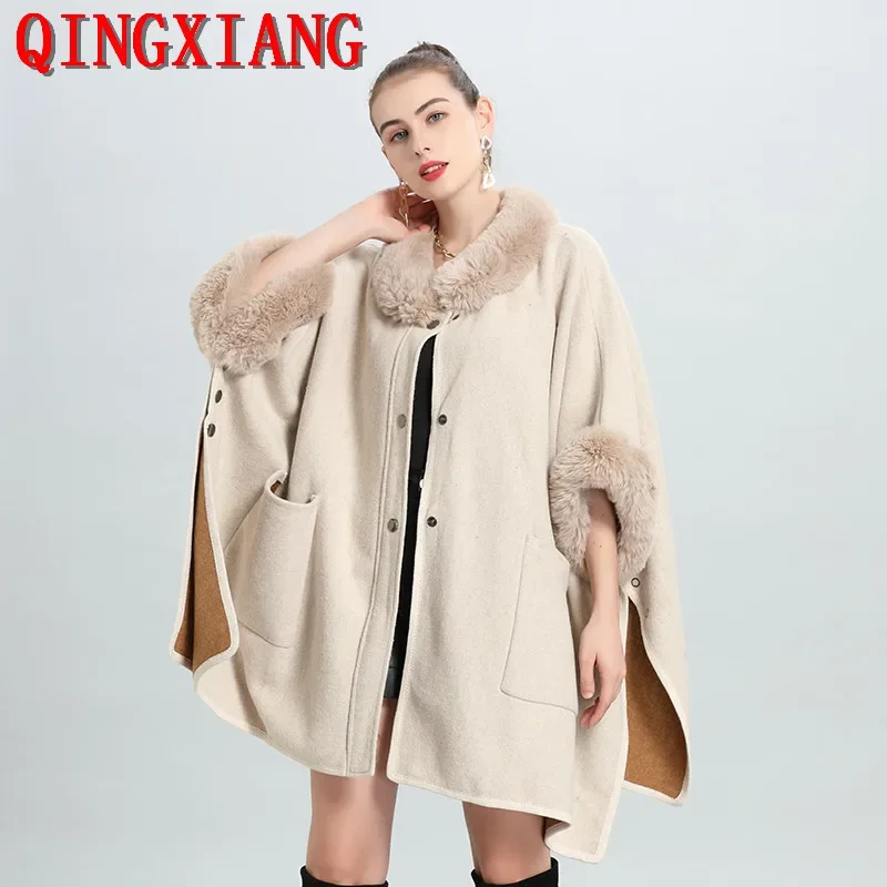 2022 Ženy faux cashmere Cardigan Noste králičie kožušiny Cape Cape Poncho Zimné hrubé batwing rukávy voľný spona s vreckom