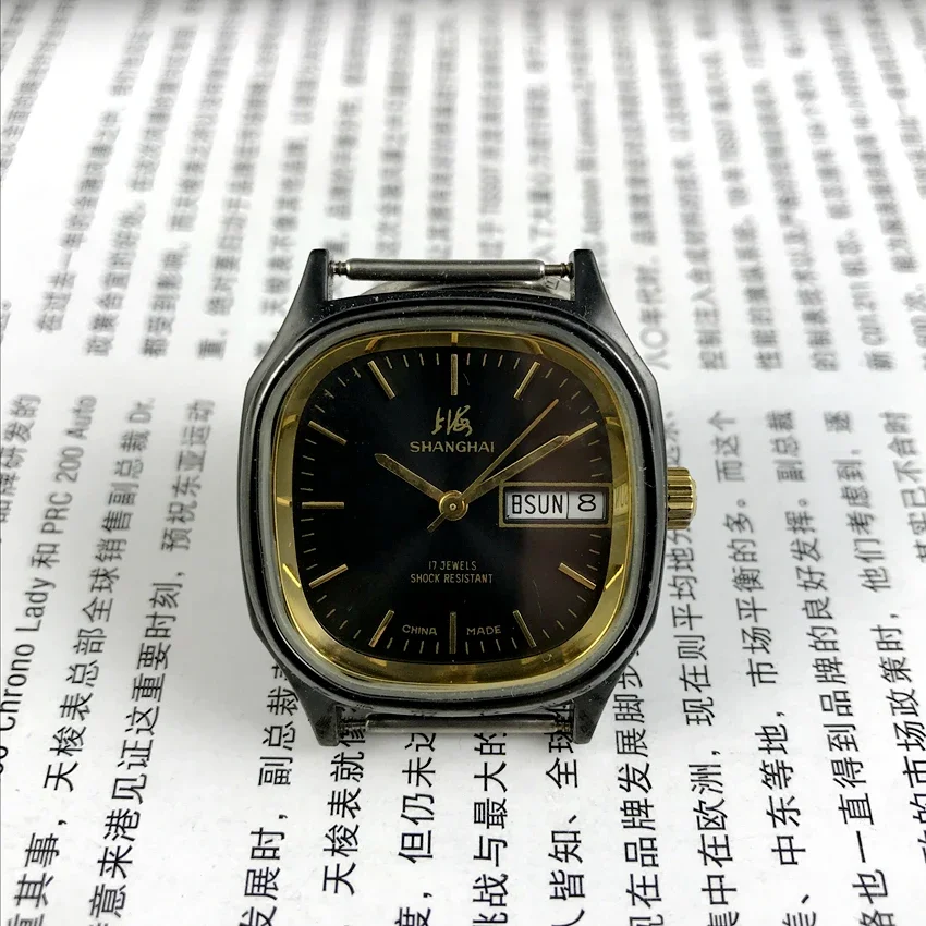 2022New Original Shanghai Square Double Calendar Čierna škrupina Čierna tvár manuálny stroj, priemer 33 mm, hodinky remienok