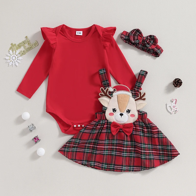 2023-07-28 Lioraitiin 0-18M Dojčenské dievča Vianoce 3ks outfit s dlhým rukávom Romper A-Line Elk Embroidery Plaid Plaid sukňa