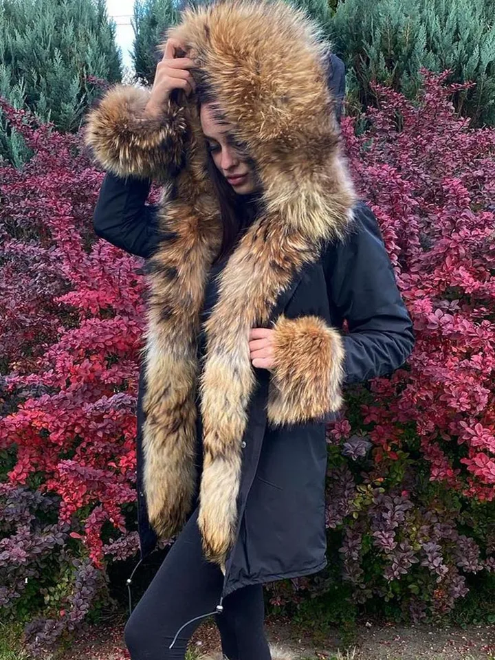 2023 100% skutočný králik Furliner Parka skutočný kožušinový plášť zimná bunda Ženy prírodná líška kožušina Collar Hood Hustý teplý vonkajší odev Streetwe