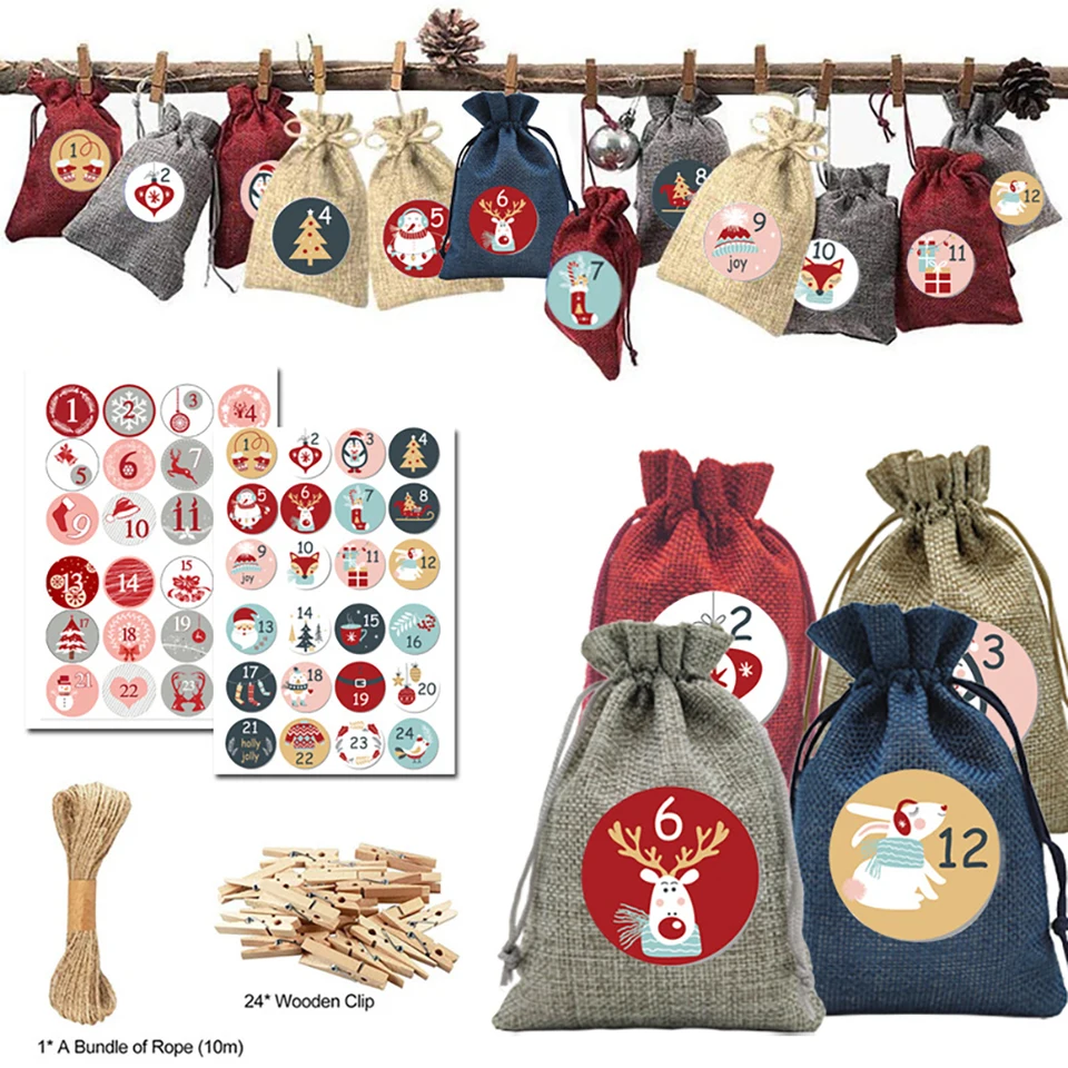 2023 24 Days vianočných adventných kalendárov tašky Advent Calendar Darčekové tašky pre domácich majstrov s papierovým nálepkou Noel Nový rok vianočný výzdoba