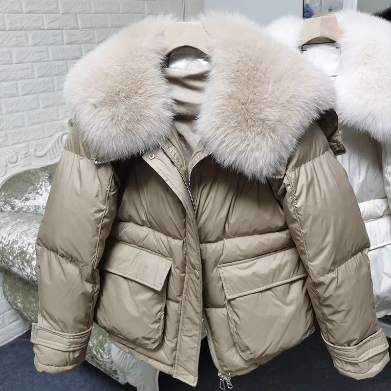 2023 Biela kačica Down Down Women Winter Luxury Puffer Coat Coat Outfer Perie Outwear Loose Real Fox Fur kožušina