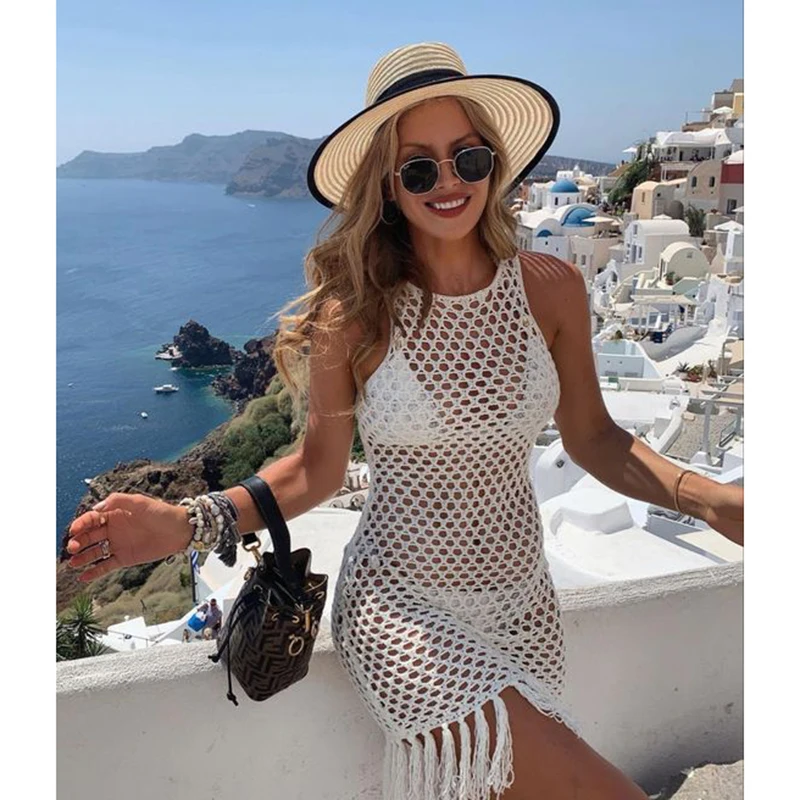 2023 Biele háčkované tunikové bikiny zakrývanie