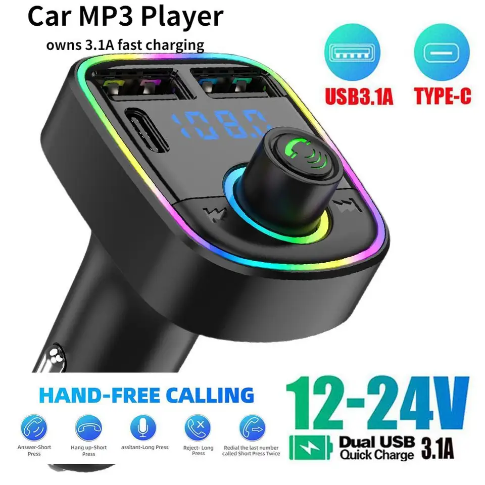 2023 CAR BT5.0 FM vysielač PD Dual USB 3.1A Rýchla nabíjačka Farebné okolité svetlo Handsfree MP3 Modulátor Player