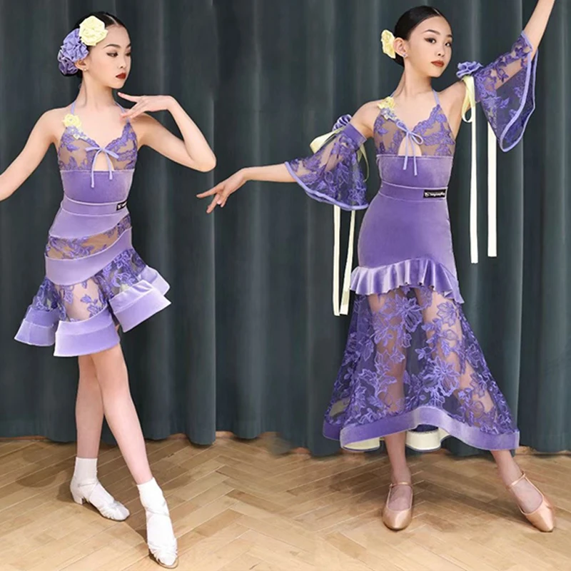2023 Dievčatá Latinský tanec kostým Ballroom Dance súťaž Šaty fialové čipky Tops sukne deti Cha Performance Clothes Dnv18336