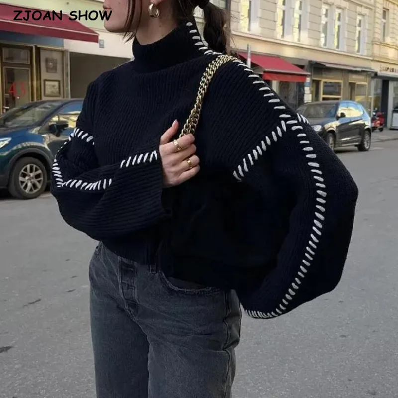 2023 Elegantné ženy Čierny kontrast biely viazaný pletený Mock Collar Sweater Vintage s dlhým rukávom Pullover pleber