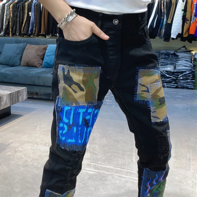 2023 Fall High Street Abstraktné umenie Tlač patchwork džínsov maskovacie šitie hip hop džínsy muži retro modré nohavice žobrák džínsy
