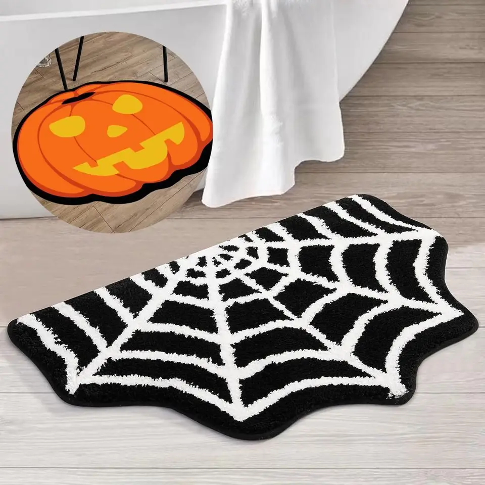 2023 Halloween Spider Web Bath Mat Non Slip Pumpkins Crangy Gothic Bats Rakva