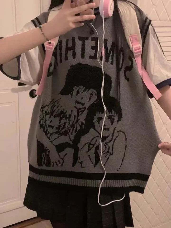 2023 Harajuku College Pletená Tank Top Sweater Pánske a dámske ulica Hip Hop Cartoon Anime Patter