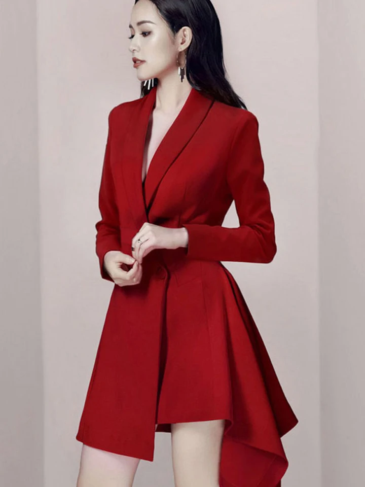 2023 jesenné dámske šaty Nové módne klopa Slim Belt pás s dlhým rukávom Červené nepravidelné mini šaty elegantné ženy