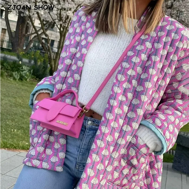 2023 Jeseň Winter Pinkpurple Shell Print V Collar prešívaný kabát Etnické ženy s dlhým rukávom nadmerne veľké bundy