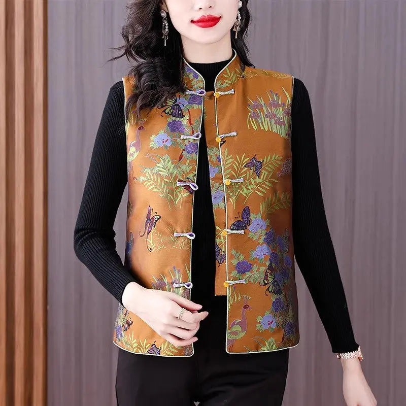 2023 jeseň zimná vesta čínska vinobranie satén Jacquard Plack Buckle Vylepšená Tang Top Mom's Vesta Short Coat Z3863