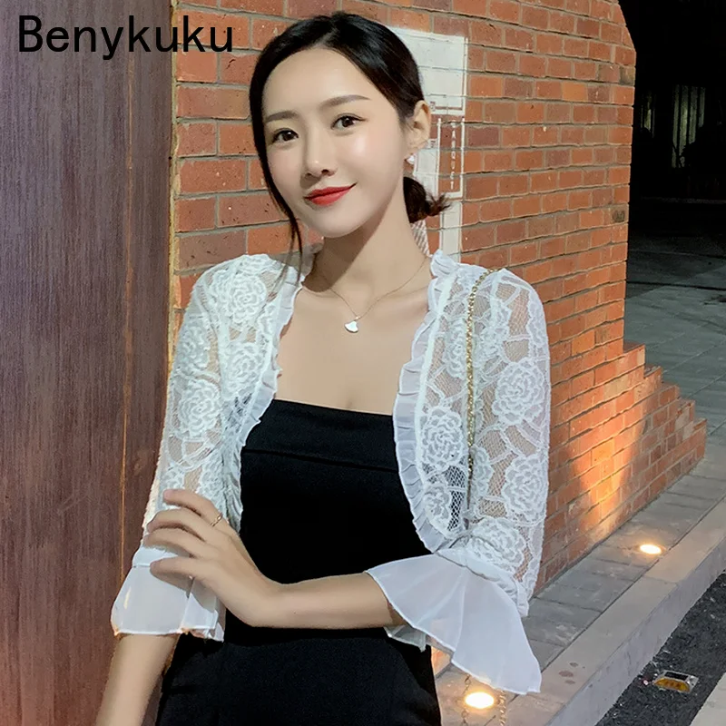 2023 letná čipka šál Cardigan Slim 3/4 Flare Ruckve Sun Protection Clothing Ženy tenké bolero femme plodiny Top Mujer Open Stitch