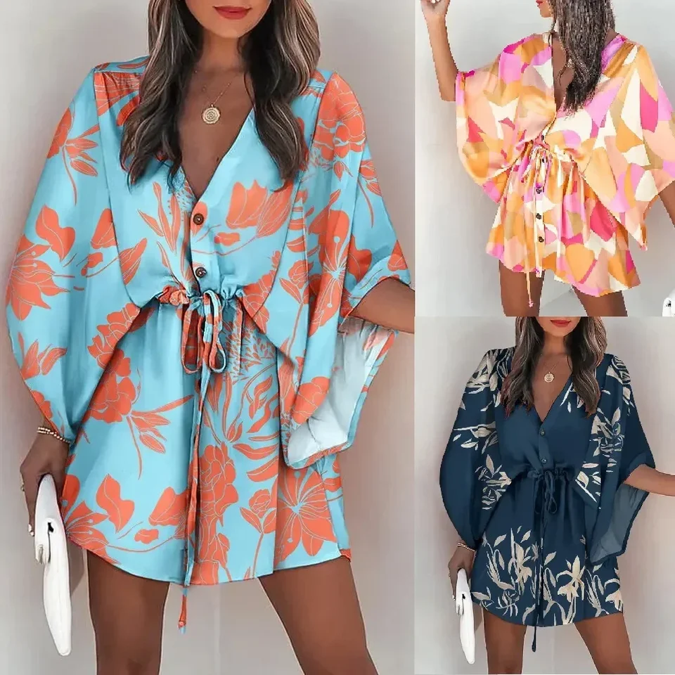2023 leto Nové dámske príležitostné voľné Čechia pláž dovolenky Miniskirt Tlačte Bat Ruckve Lace Up V-Neck Loose Loose Button Party Dress