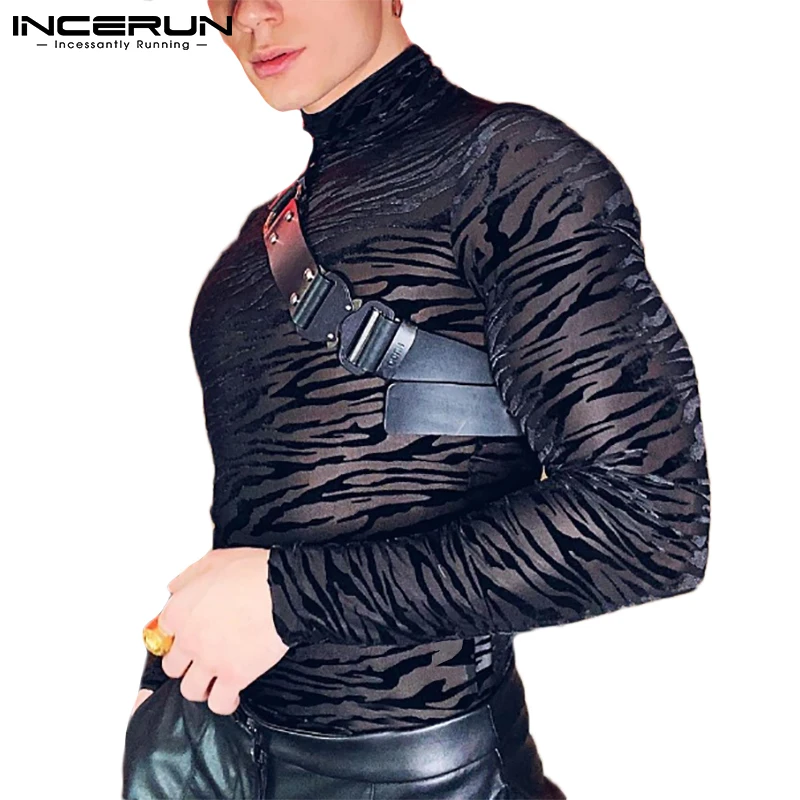2023 Men Mesh T tričko Turtleneck s dlhým rukávom Pozrite sa cez tlač príležitostné sexy tee topy večierok večierok nočné kluby Streetwear Camisetas Incerun