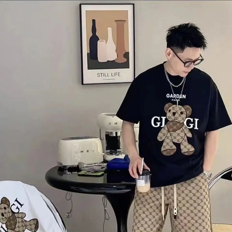 2023 Muži Tričko Tričko Bear Print Krátke rukávy Cascur Women Unisex Clothing Nadmerná móda Vysoko kvalitné retro Tees S-4XL