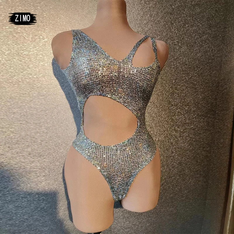 2023 móda sexy cutout flocin Bodysuit strieborný strieborný party Club Nnight Dámsky pódium ds pól tanečný výkon kostýmy