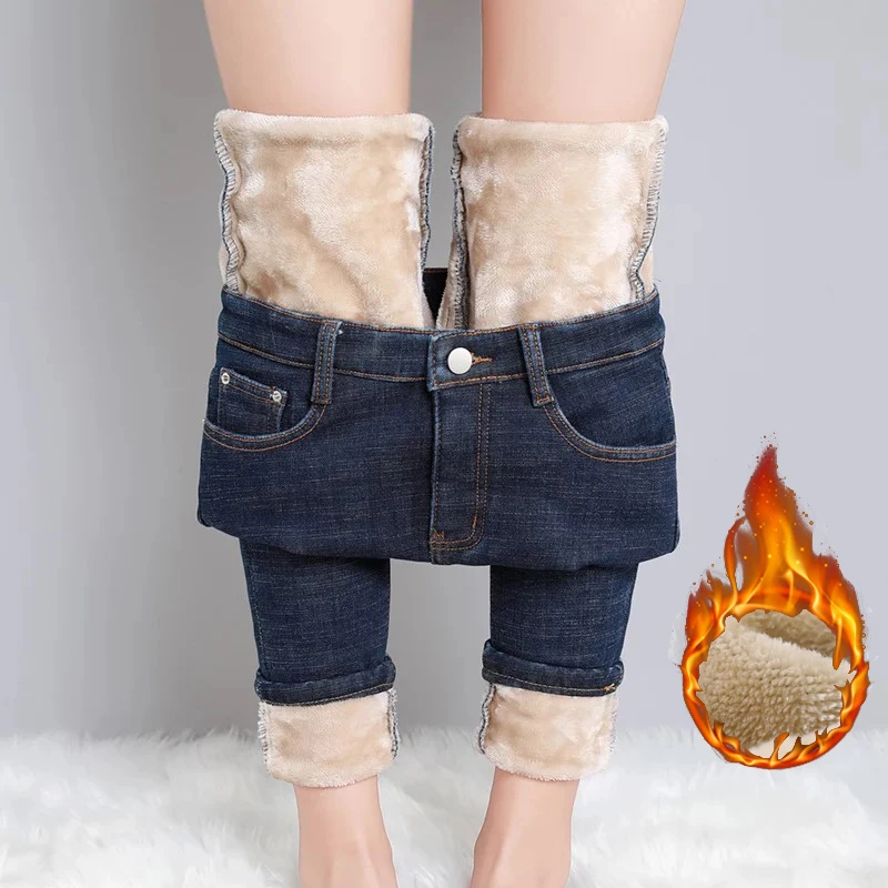 2023 módne ženy natiahnite vysoký pás Panty Cencil Cast Female Velvet Jeans Vysoko kvalitné fleecové džínsy husté plyšové nohavice