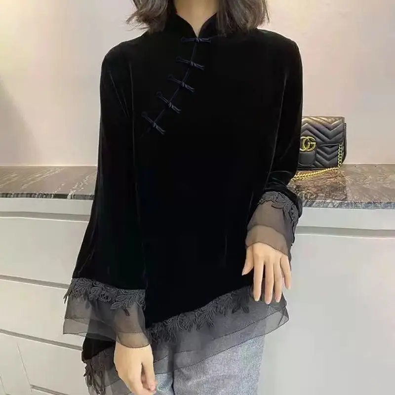 2023 Nová jarná a jesenná chinoiserie štýl stánok golier golier sklon k čipkovaniu čipky Jacquard s dlhým rukávom Velvet cheongsam top