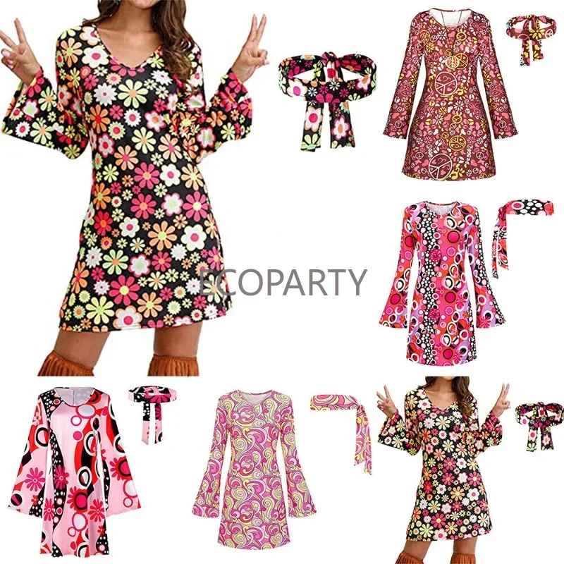 2023 NOVÉ ŽENY Dámske dámske hippie 60. roky 70. roky Hippy Fimate Dress Costy Costume Restity Dospelé oblečenie pre ženy letné šaty D8061