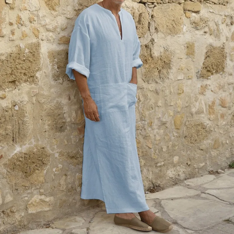 2023 Noví muži Jubba Thobe Kaftan Moslimský arabský izlamský V-krk krátky rukáv Krátke bavlnené bielizeň