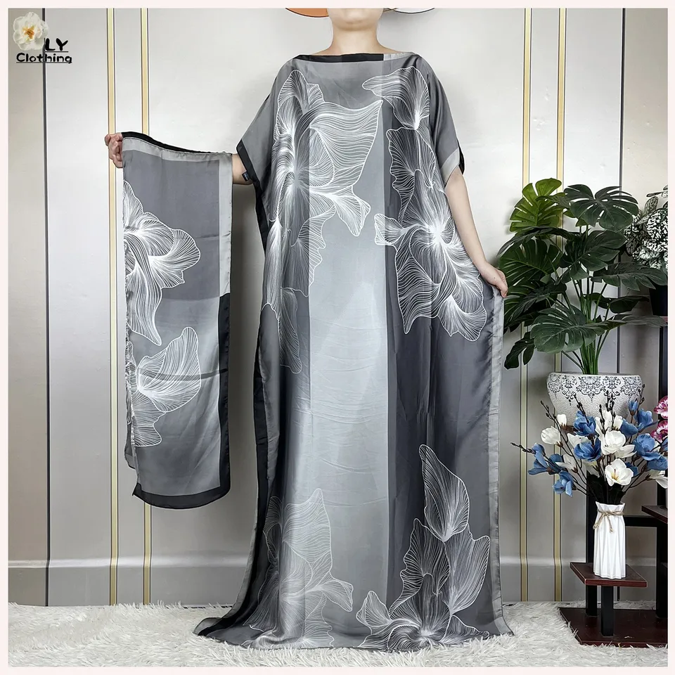 2023 NOVÝ ABAYAS LOA LOAGET ELEGANT ŽENA Tlačené hodvábne mäkké moslimské kaftan letné módne oblečenie Africké islam femme šaty